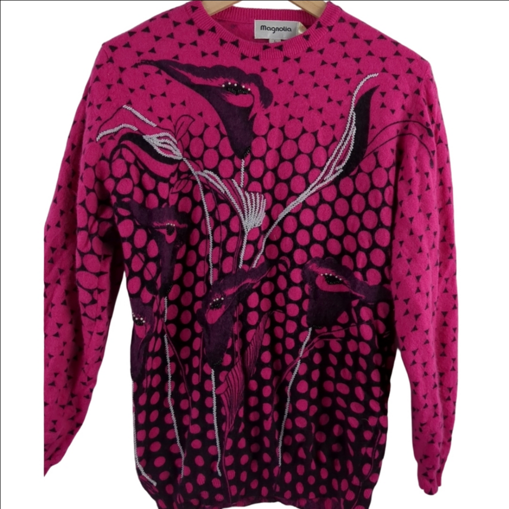 Vintage Magnolia Black Pink Pearl Beaded Calla Lily Sweater Wool Angora Blend
